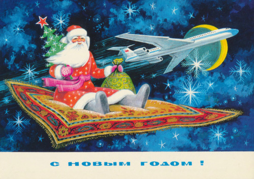 oldtvandcomics: humanoidhistory:Soviet postcards featuring Grandfather Frost, who will fly anywhere,