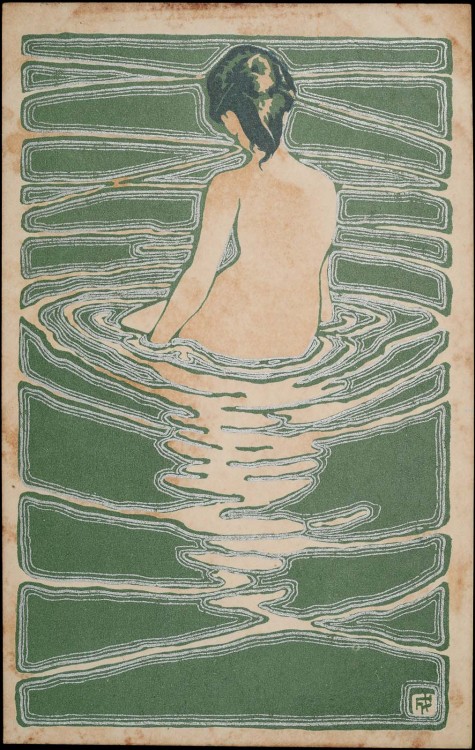 huariqueje: Female Nude Seated in Water  -   Ichijö Narumi , late Meiji era Japanese 