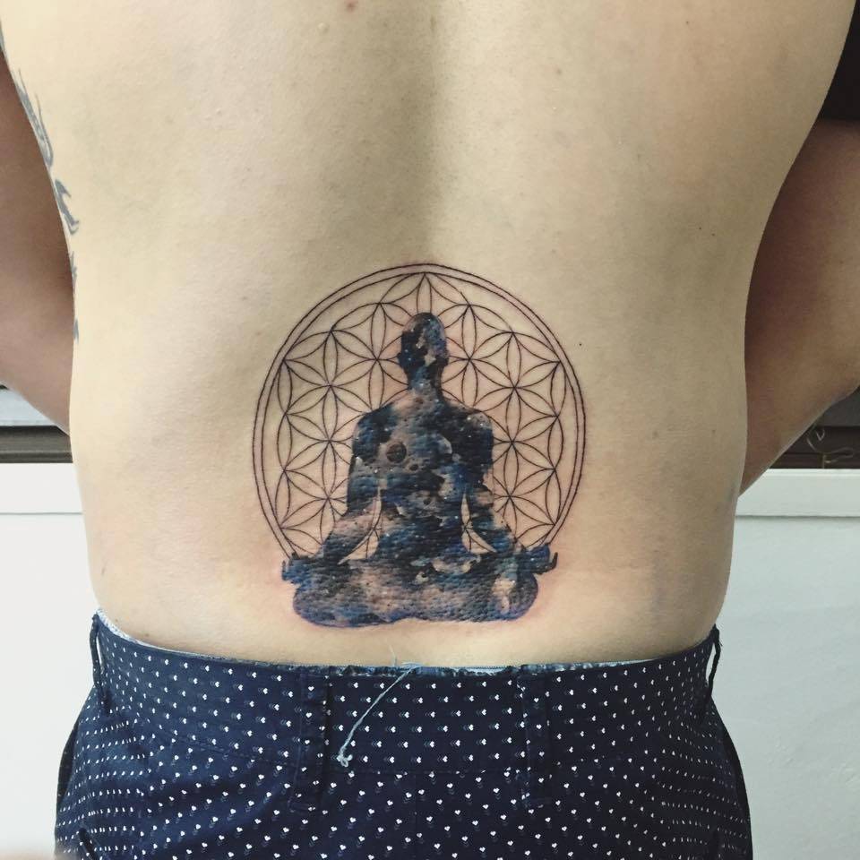 Detailed And Gorgeous Large Back Tattoo With Buddha Symbols | Buddha tattoo  design, Buddha tattoo, Buddha tattoos