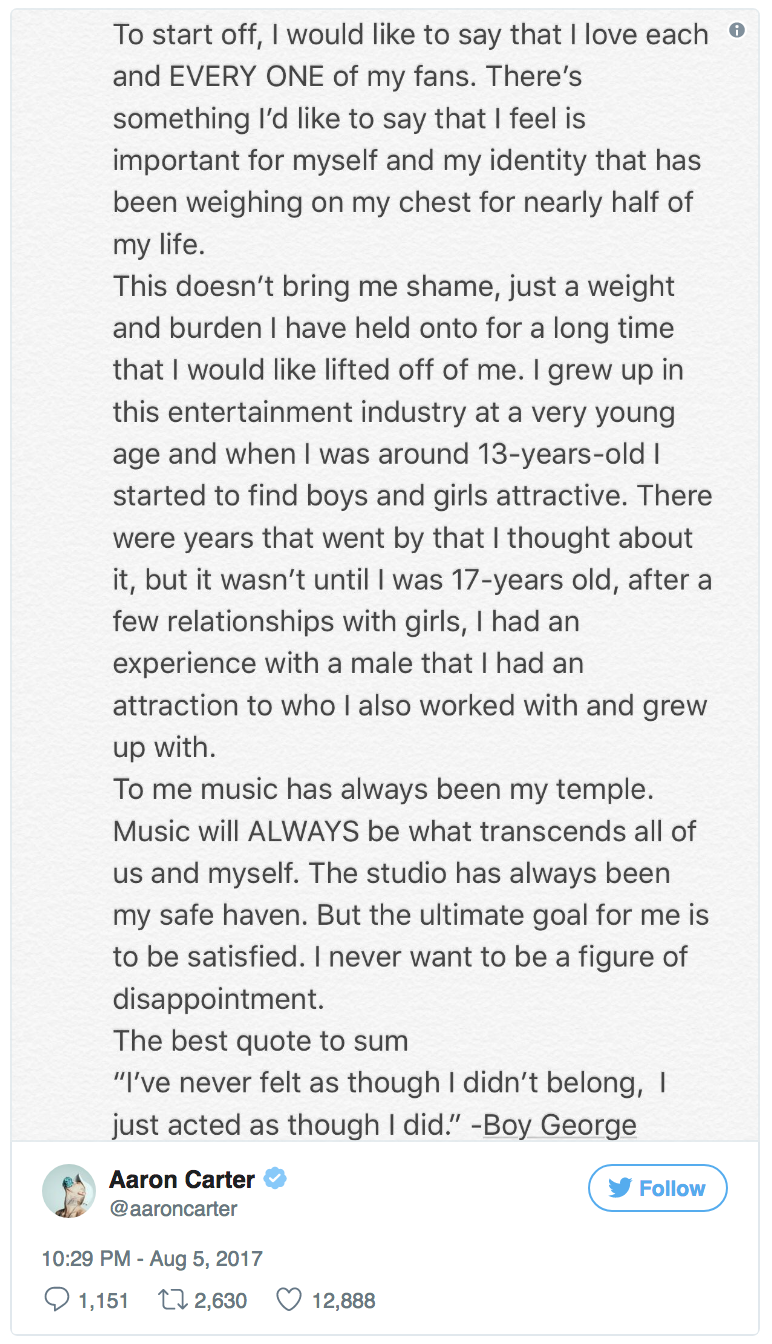 gaywrites:  In a heartfelt tweet last night, Aaron Carter came out about his sexuality,