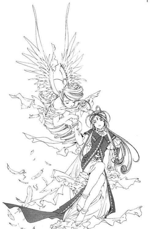 the-fourth-goddess:Belldandy with her angel, Holy Bell from the manga. The last image also happens t