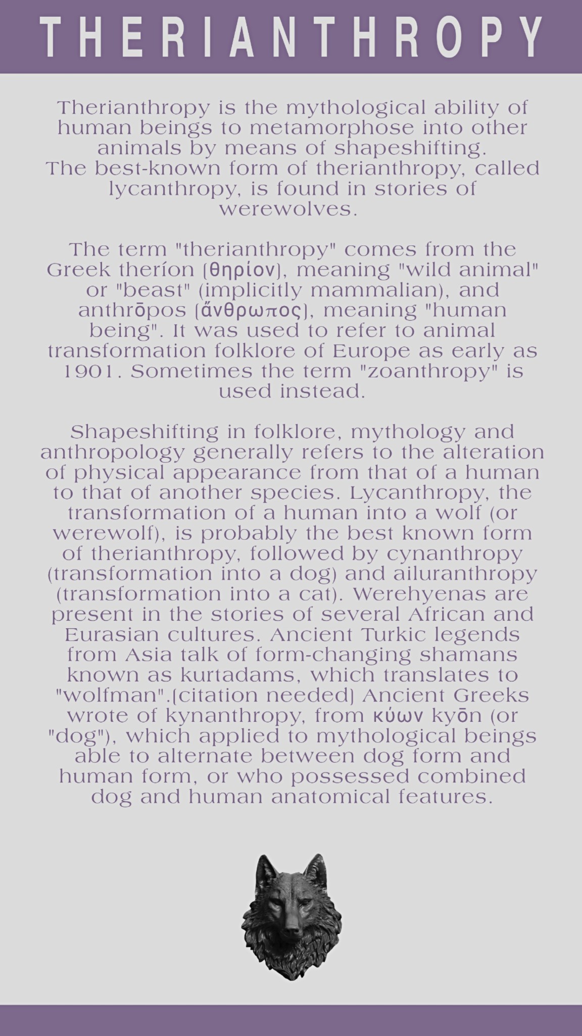 Lycan — THERIANTHOPY. Therianthropy is the mythological...