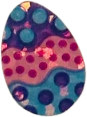 sticker of an easter egg painted with blue, pink, and purple stripes and dots. it has a shiny foil finish.