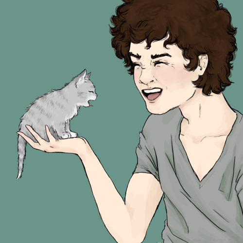jeanprouvairycute:Grantaire playing with a kitten (is it Robot? we just don’t know.)(it’