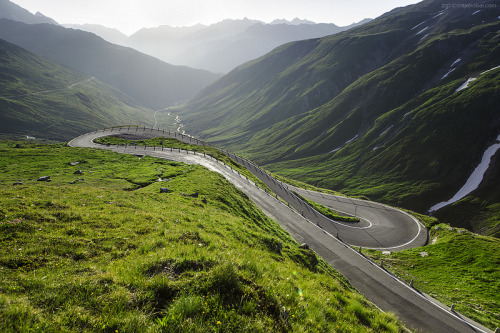 Morning on the road by Mitja Kobal - Cwithe : Furkastrasse. Switzerland.