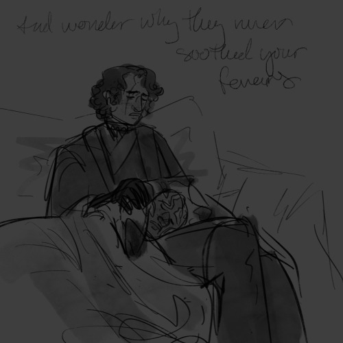 drawing of ahsoka sleeping under a blanket, resting her head on anakin's lap as he sleeps on a couch, looking forlorn