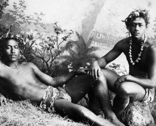 mypinholepinups: Men dressed for dancing, Tahiti, 1887. (Detail)