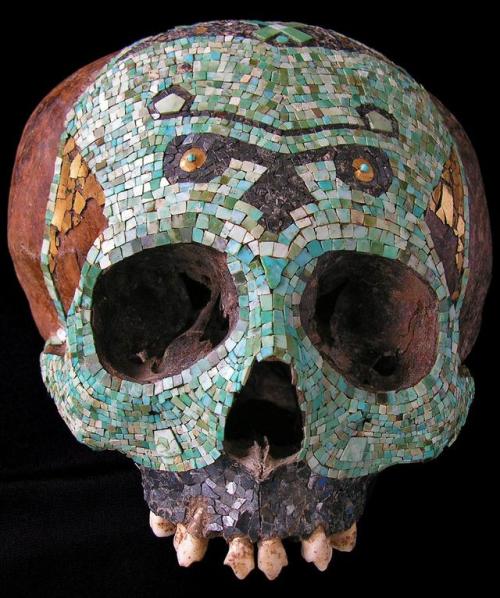 historyarchaeologyartefacts:A human skull decorated with a polychromic mosaic, Mixtec-Aztec, Mexico,