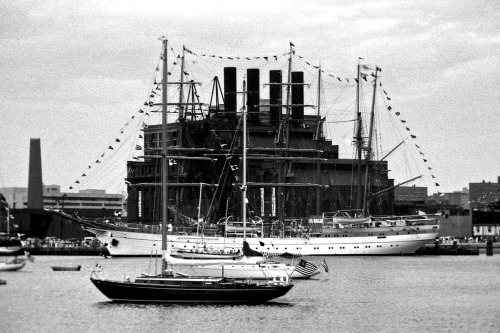 Baltimore Inner Harbor During Tall Ships Visit, 1971.The Power plant now converted to an entertainme