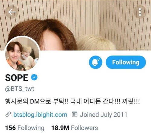 190401 BTS’ Twitter Profile Display Name & DescriptionDisplay name: SOPEDescription: 행사문의 DM으로 부