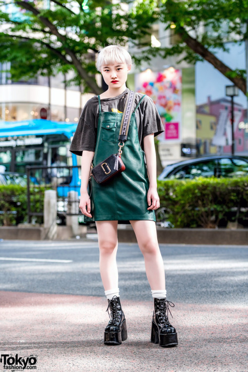 16-year-old Japanese student Shiori on the street in Harajuku wearing an X-Girl dress over a Zara t-