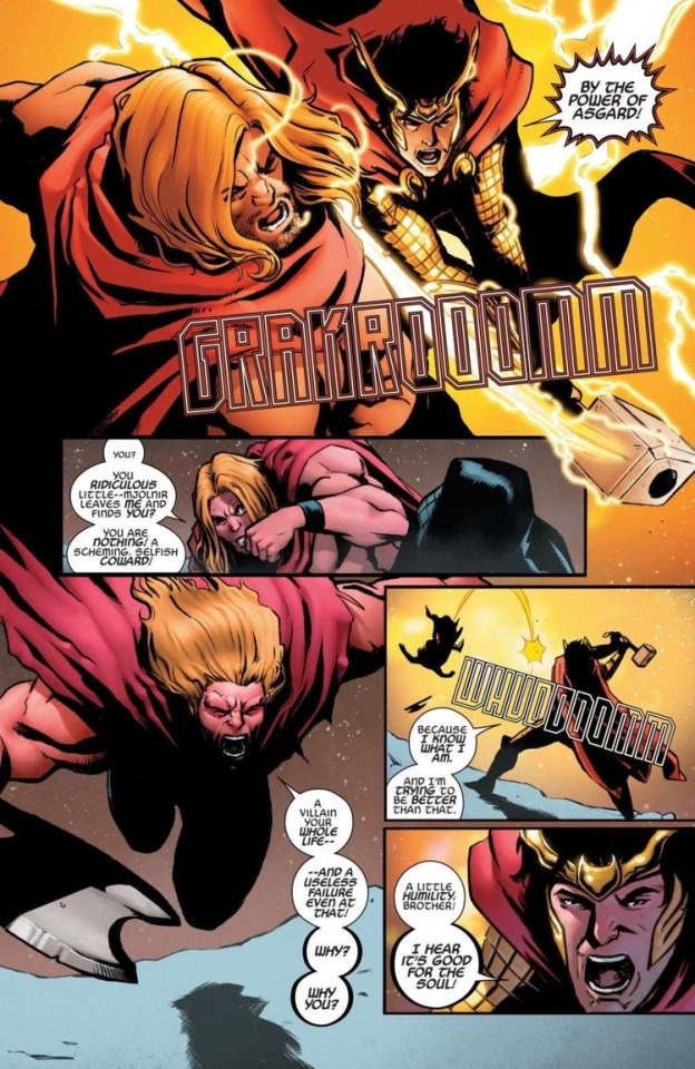 The odinson brothers battle it out, Loki with mjolnir and Thor angrilly with his axe.