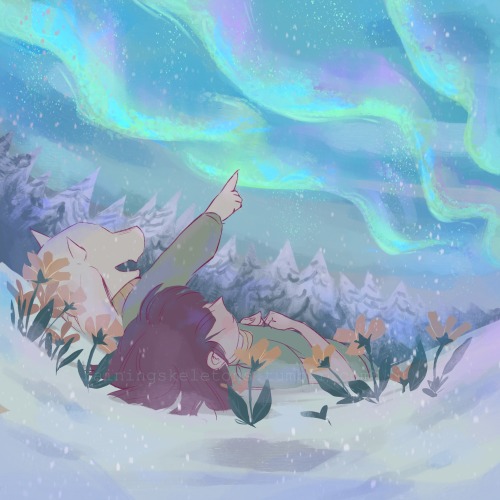 rainingskeletons:Sometimes, when the dreams of kids from the human world are bright enough, they create beautiful lights in the sky over Snowdin. If you pay close attention you might even see glimpses into different worlds.