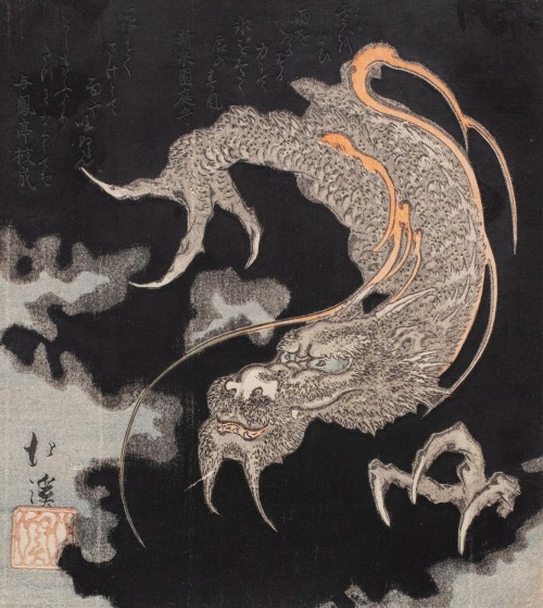 Totoya Hokkei, “Dragon in a Stormy Sky,” (1832?),Color woodblock (Print: Shikishiban Surimono),8⅛ x 