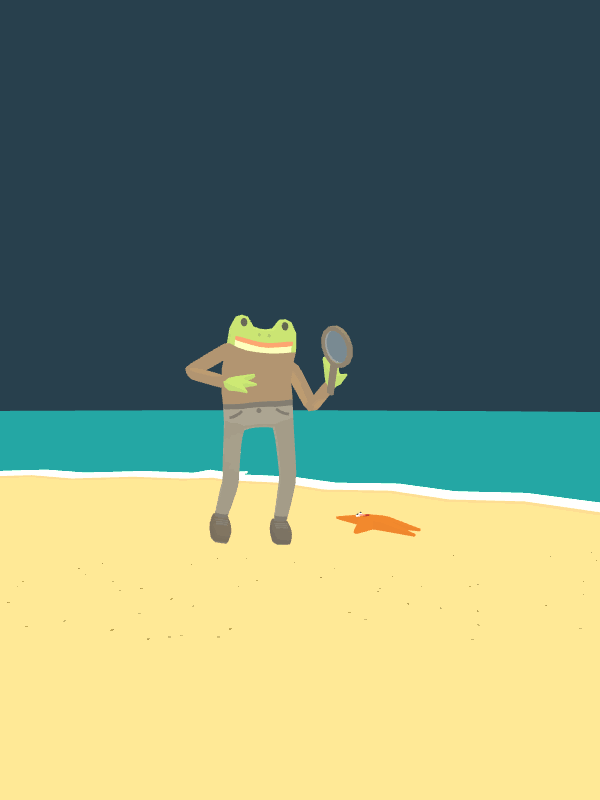 A gif of Frog Detective, a bipedal frog in a brown sweater, holding a magnifying glass, dancing on a beach.