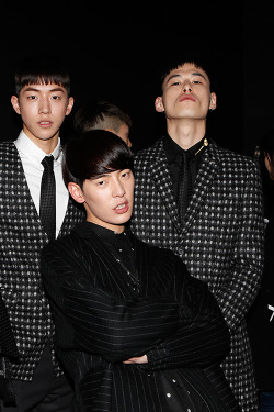 koreanmalemodels:  Nam Joohyuk, Cho Minho, and Kim Wonjoong backstage at Munsoo Kwon F/W 2014 at Seoul Fashion Week (cr: style.com) 