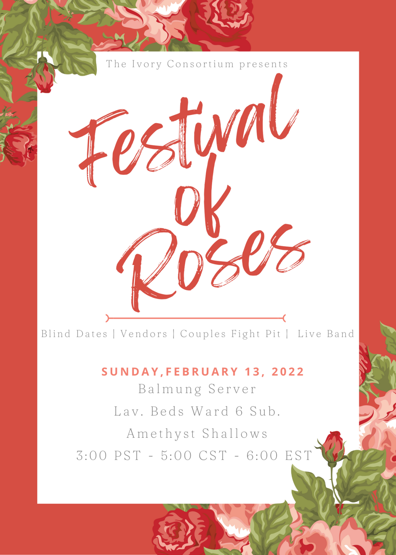 In celebration of the season of love, The Festival of Roses is set for Sunday, February 13, 2022, beginning at 6:00 EST/5:00 CST/3:00 PST!
We’re still looking for help staffing the event and the organizational Discord can be found here:...