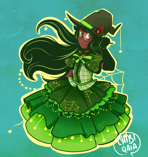 chibigaia-art:  a witch Jade that had to be posted on Halloween but I was out for the con so I’m posting her now  ¯\_(ツ)_/¯ the outfit is loosely based on the recent halloween set on SIF because I’m trash ahah;; [Commissions] [Society6] [Redbubble]