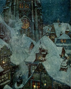 nordicseasons:   Edmund Dulac. The Snow Queen Flies Through the Winter’s Night from The Snow Queen.  