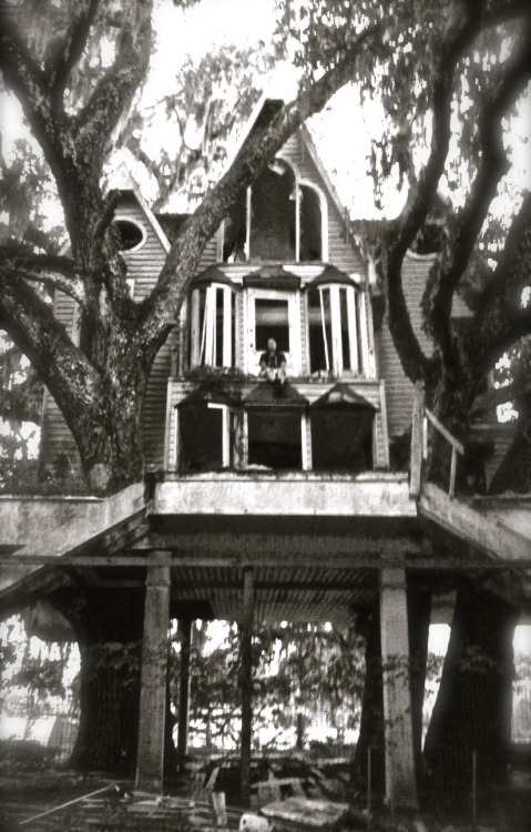 bloodyqueefs:  Yesterday my friends showed up at my house and said they had a surprise for me. This was my surprise. I’m sitting in the middle of an abandoned treehouse.  A man named James Walker built this house for his grandchildren. You can tell