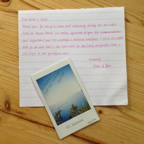 Eden & Ina sent us this lovely note – including an instant photo from the top of Mt. Gardner.
April 2016