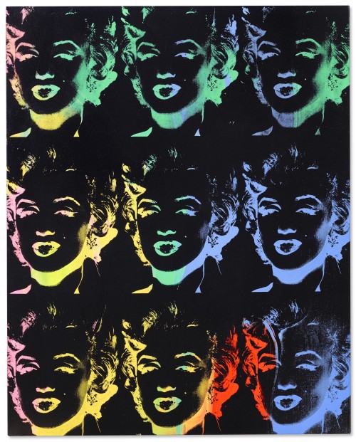 Andy Warhol (American, 1928-1987), Nine Multicolored Marilyns (Reversal Series), 1979-86. Acrylic an