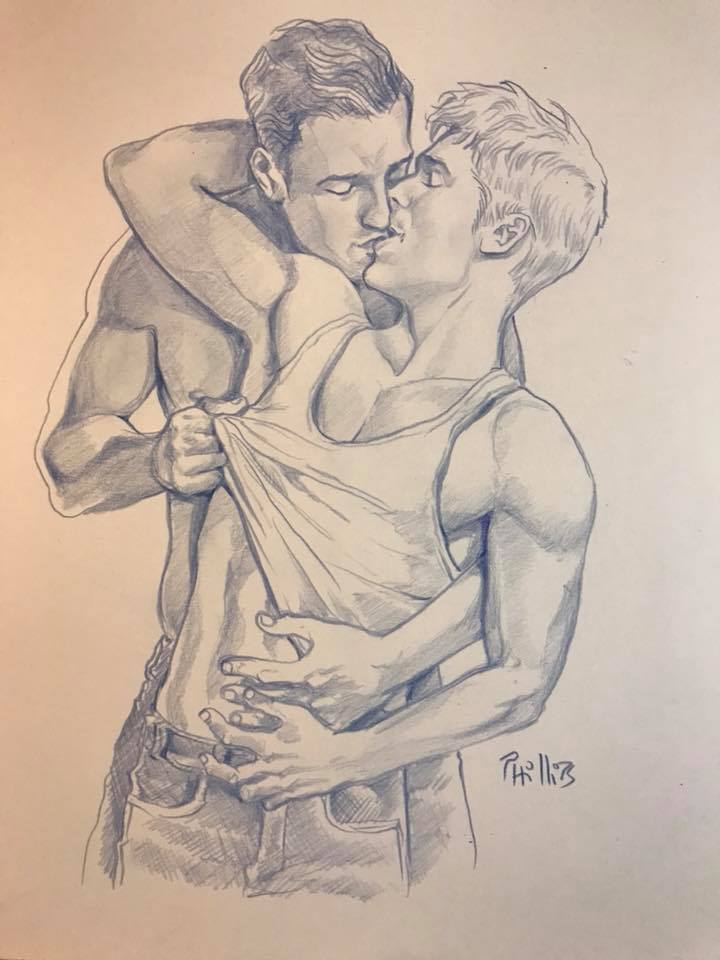 enchantemoimerlin:    Joe Phillips    The kiss 11x14 blue pencil drawing  