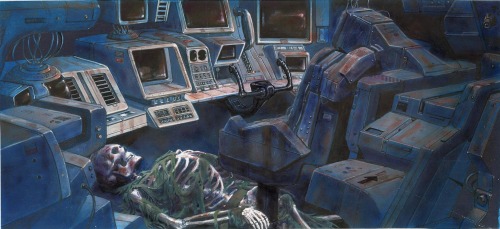 70sscifiart:  Douglas Chaffee was a sci-fi artist since 1967, although these space skeletons come from his concept art for 1995 video game Mission Critical. Looks like he slipped his own name on a nametag.