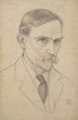 Joseph Edward Southall (English, 1861-1944), Self-portrait in a suit, 1918. Black chalks.