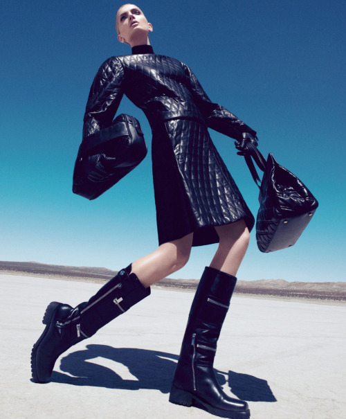 designerleather: Lily Donaldson by Paola Kudackifor HB - Sportmax leather top and Skirt, Etro Glove