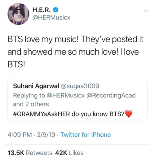 H.E.R Appreciates The Love BTS Shows Her On Twitter 