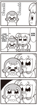 nightskykitty: longanimals: this has an evil energy  It’s even better if you assume the kid’s face wasn’t like that before she was crying, and Popuko gave her the knowledge that made her one of them 