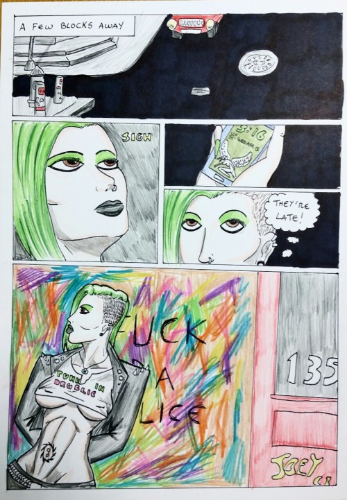 Kate Five vs Symbiote comic Page 159  New gal Cassandra makes her punky debut!  She has a nudy angel with big boobs as her lock screen! Her shirt if it’s hard to read says PUNK IN DRUBLIC. Oh and incredible under-boob