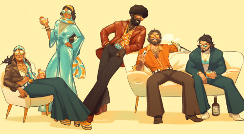 vimeddiee:DISCO(left to right: Fareeha, Satya, Baptiste, McCree, Hanzo)