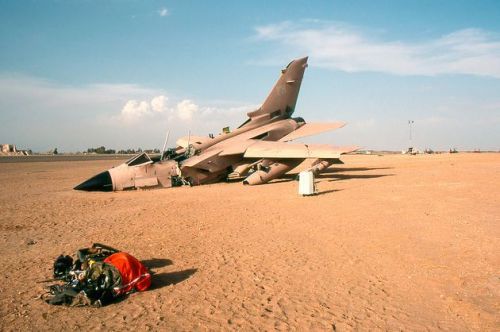 toocatsoriginals:  RAF Panavia Tornado GR1 ZA466’s Final Flight ZA466 struck a non-retracted emergency barrier at Tabuk airbase, Saudi Arabia on October 18, 1990, during the build-up for Desert Storm. The nose gear collapsed, and seeing smoke and flames