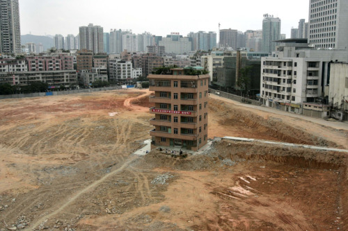 theatlantic:  Read more:And Then There Was OneAcross China, where new developments are keeping pace with the rapidly growing economy, reports continue to surface so-called “nail houses.” These properties, standing alone amid the ruins of other buildings,