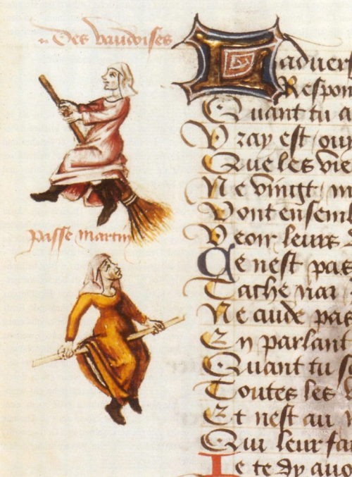 humanoidhistory:The first-known depictions of a witch on a broomstick, illustrated in Martin Le Fran