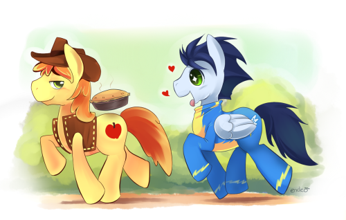 braeburn-corner:  nothingbutstallions:  Get it while its hot.. by Ende26  Still convinced that Soarin’s lookin’ at Braeby’s Bubble butt.  X3!