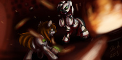 inkybeaker:  The showdown between Xenith and Littlepip, when they first meet in Fillydelphia.This was fun to do! I tried a few things, and had just a blast makin’ it look good. I hope it looks good, anyway. &gt;_&gt;Characters &copy; KkatArt &copy;