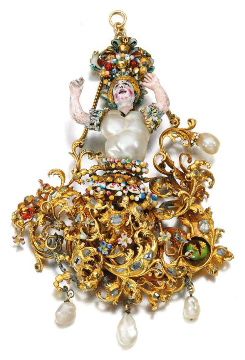 ufansius:Gold, Baroque Pearl, Diamond and Enamel Pendant - Southern, Italy, 17th Century