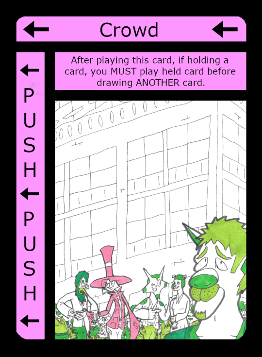 Push Card pushing left. Text beneath the top reads: After playing this card, if holding a card, you must play it before drawing another card. Tech bro grabs Lizzie's hand, but is astonished to find it empty. So astonished in fact, that he fails to notice Lizzie robbing the flirtatious man with her other hand, while said flirtatious man creeps on the same lady, who looks very uncomfortable.