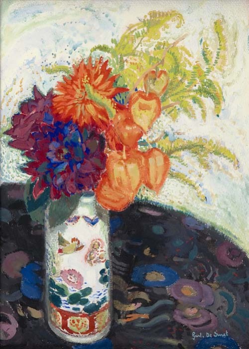 Dahlias and Lantern flowers. - Gustave De Smet ,1914Belgian, 1877-1943Goache on cardboard