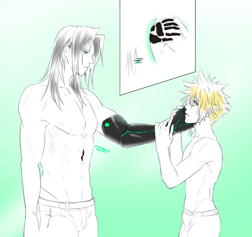 boomchickfanfiction: [Image Description: A drawing of Cloud and Sephiroth, both shirtless, standing 