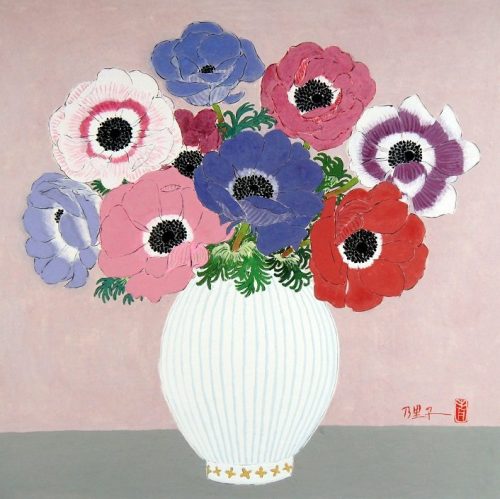 iamjapanese:AOKI Noriko（青木乃里子 Japanese, b.1949）白磁にアネモネ   50×50cm   水墨岩彩&nb