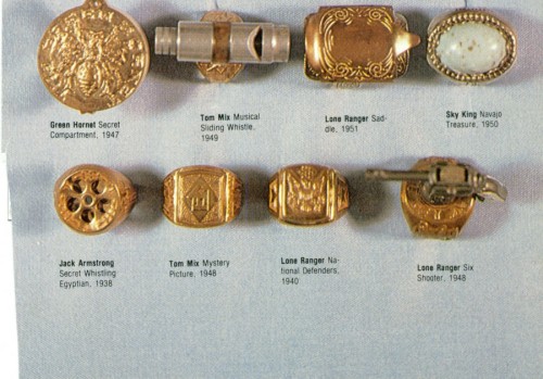 vintagegeekculture: Copies of club rings and promotional secret decoder rings for kids from the 30s-