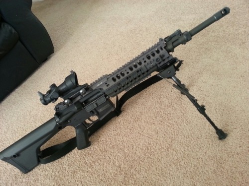 gunrunnerhell:  M468 An AR-15 variant produced by Barrett Firearms, the M468 is chambered in 6.8 SPC. Although largely compatible with most AR-15 parts, the magazines are proprietary; you cannot use 6.8 SPC inside of a standard 5.56x45mm magazine. The