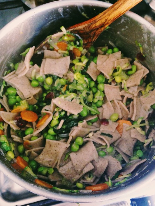 Maltagliati di grano saraceno con piselli, bietina, zucchine e ciliegie disidratate. Pure tante erbe