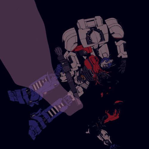 drawing of d-16 and orion from transformers one. viewed from above, d kneels and holds orion's head on his lap after orion was shot. smoke billows out from d's cannon. end id.