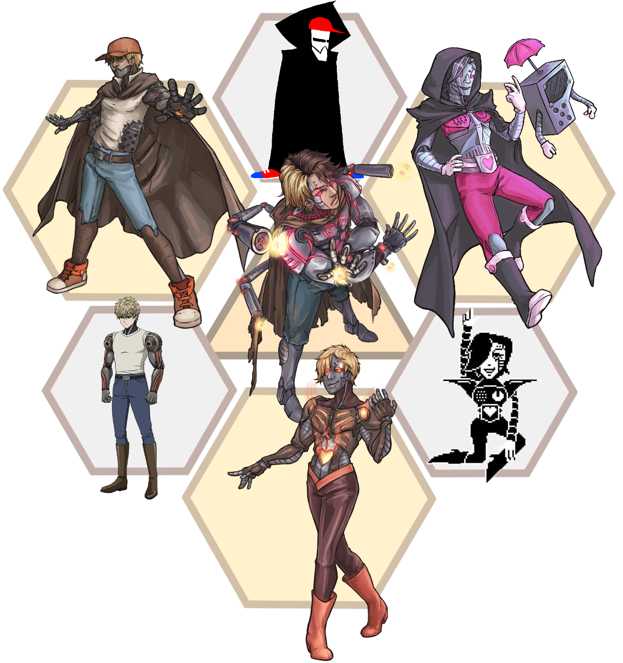 zeekappa:  Hexafusion meme ft. Genos from One Punch Man, Mettaton EX from Undertale
