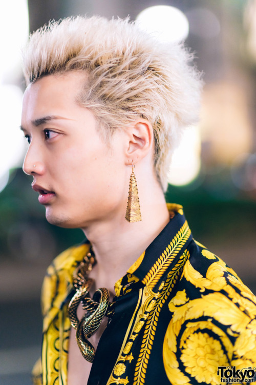 tokyo-fashion:Japanese college student Shun on the street in Harajuku wearing a Versace baroque prin